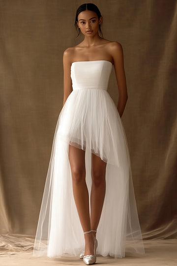 Simple White Asymmetrical A Line Wedding Dress With Tulle